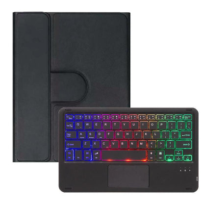 Black folio tablet case with Bluetooth keyboard showing RGB backlit keys and touchpad