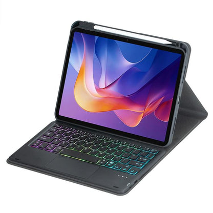Dark tablet keyboard case with Bluetooth keys and RGB lighting, front stand view