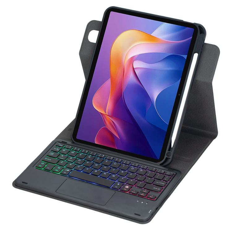 Black leather-look tablet case with Bluetooth keyboard, RGB backlit keys, built-in stand