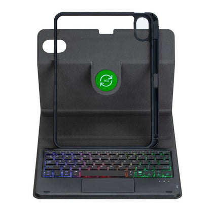 Black 360-degree tablet case with Bluetooth keyboard and RGB backlit keys