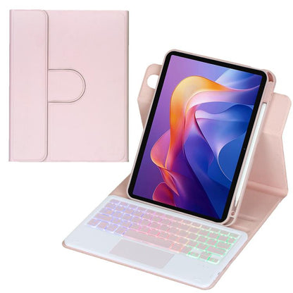 Pink leather-look tablet case with Bluetooth keyboard and RGB backlit keys, touchpad