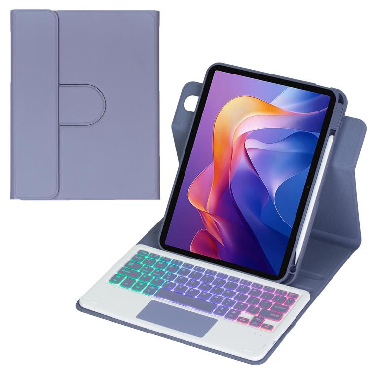 Lavender purple leather-look tablet case with Bluetooth keyboard and RGB backlit keys, touchpad