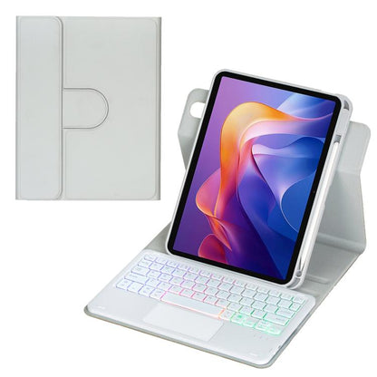 Tablet keyboard case with touchpad, light gray folio and multicolor backlit keys