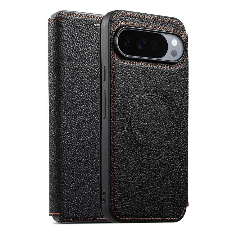 Magnetic card slot phone case in black vegan leather with circular grip detail