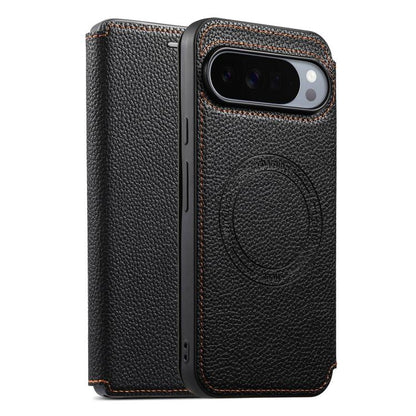 Magnetic card slot phone case in black vegan leather with circular grip detail