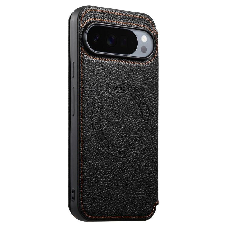 Black magnetic card slot phone case on phone with camera cutout and circular badge