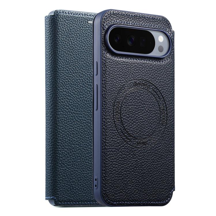Blue magnetic card slot phone case with textured finish and circular grip detail