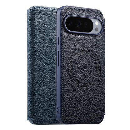 Blue magnetic card slot phone case with textured finish and circular grip detail