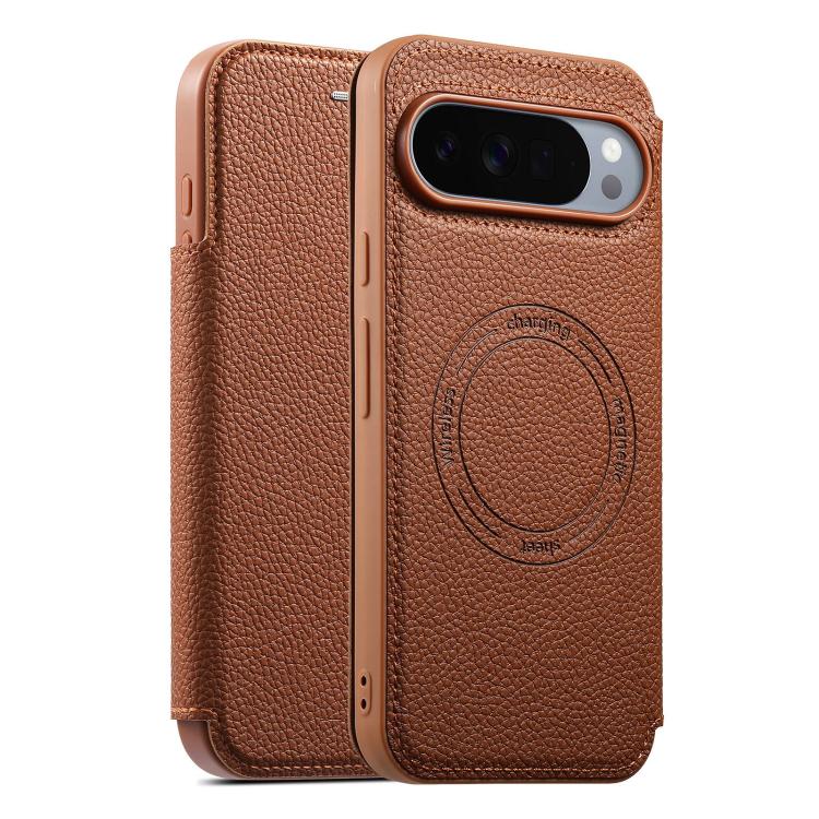 Brown magnetic card slot phone case with circular grip detail and camera cutout