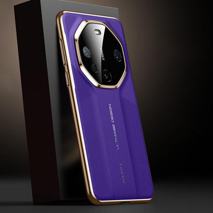 Purple vegan leather phone case with gold frame and raised metal camera ring
