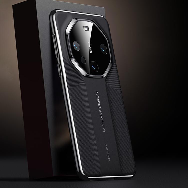 Black vegan leather phone case with silver frame and raised metal camera ring
