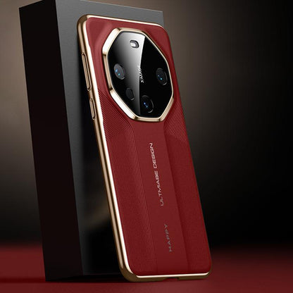 Red vegan leather phone case with gold frame and raised metal camera ring