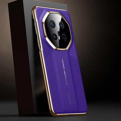 Purple vegan leather hybrid phone case with gold edges, textured back, camera cutout.