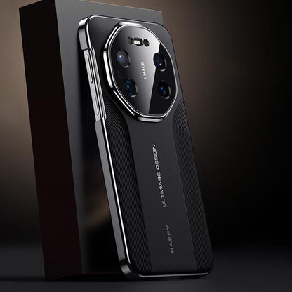Black vegan leather hybrid phone case with silver bumper trim and camera cutout.
