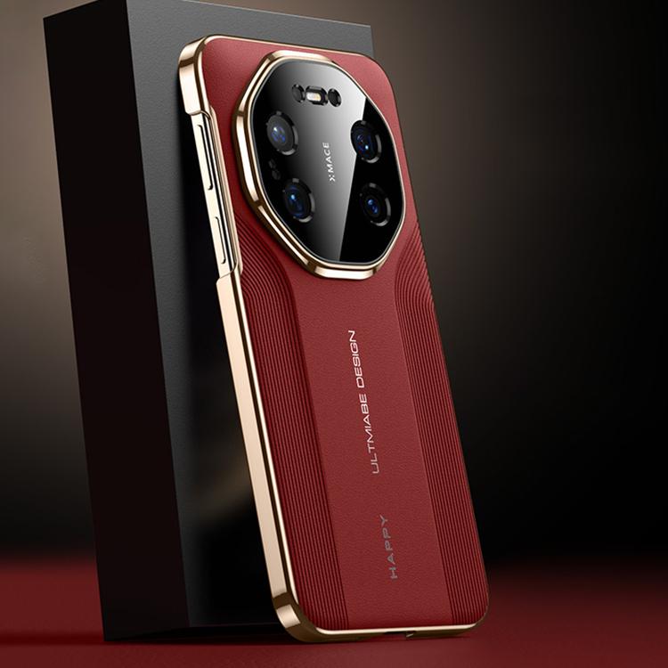 Red vegan leather hybrid phone case with gold bumper trim and camera cutout.