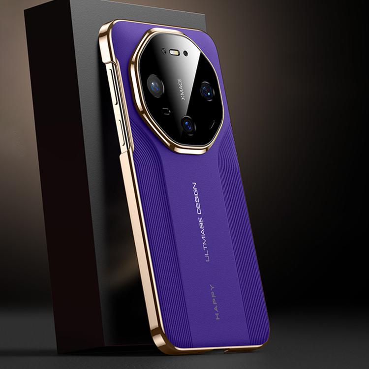 Purple vegan leather hybrid phone case with gold frame and camera cutout details.