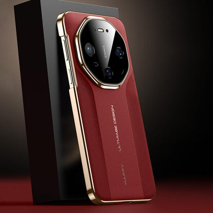 Red vegan leather hybrid phone case with gold frame and camera cutout details.