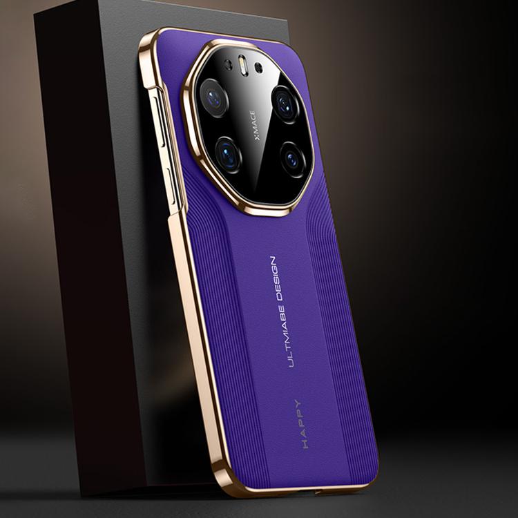 Purple vegan leather hybrid phone case with gold edges, textured back, camera cutout.