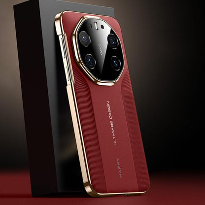 Red vegan leather hybrid phone case with gold edges, textured back, camera cutout.