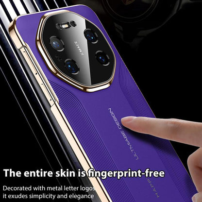 Purple vegan leather phone case close-up with raised metal camera ring and hand