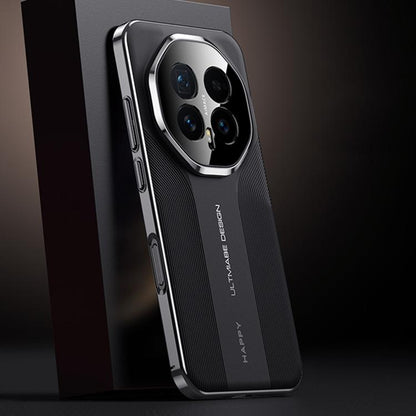 Black hybrid phone case with metallic bumper, raised camera ring and side button cutouts