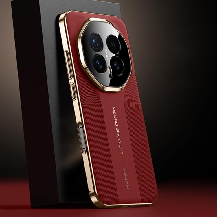 Red hybrid phone case with metallic bumper, raised camera ring and side button cutouts