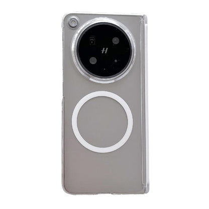 Transparent dual-axis magnetic phone case with camera cutout and circular magnetic ring