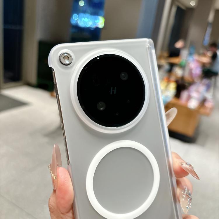 Transparent dual-axis magnetic phone case with camera lens cutout and white magnetic ring