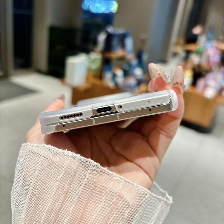 Transparent dual-axis magnetic phone case underside with ports cutout and side frame