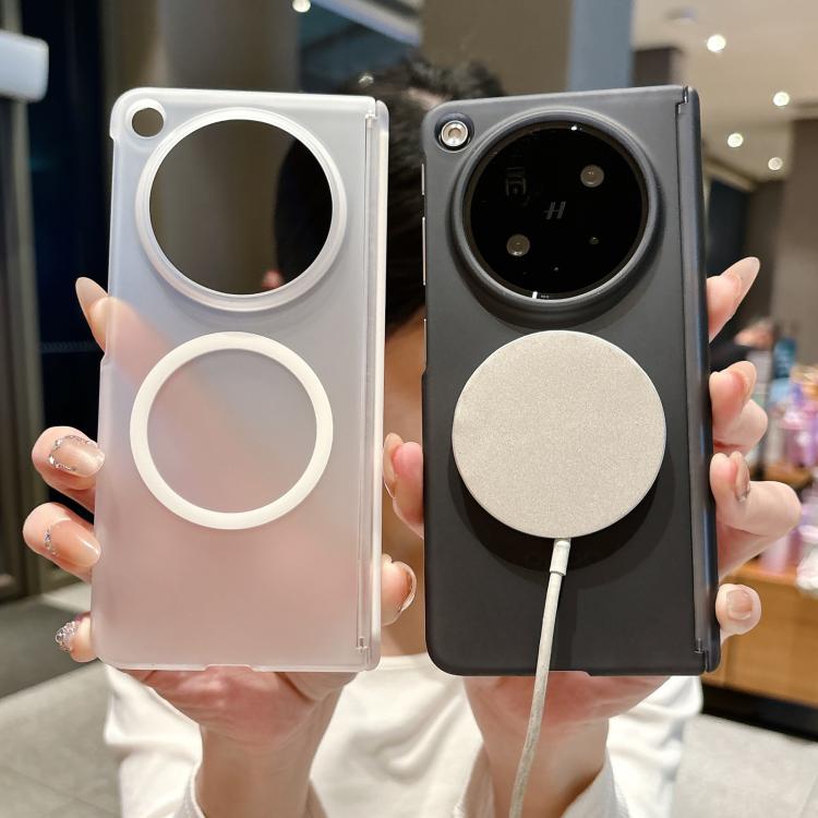 Dual-axis magnetic phone cases, white and matte black, both with camera cutouts and ring pads