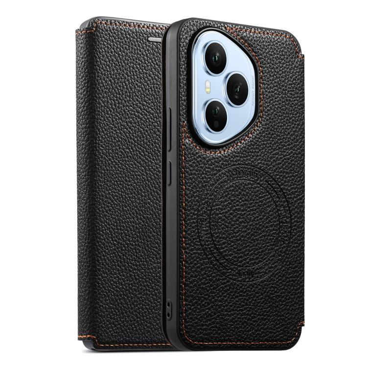 Ultra-thin card slot magnetic phone case in black with circular magnetic emblem and cutouts