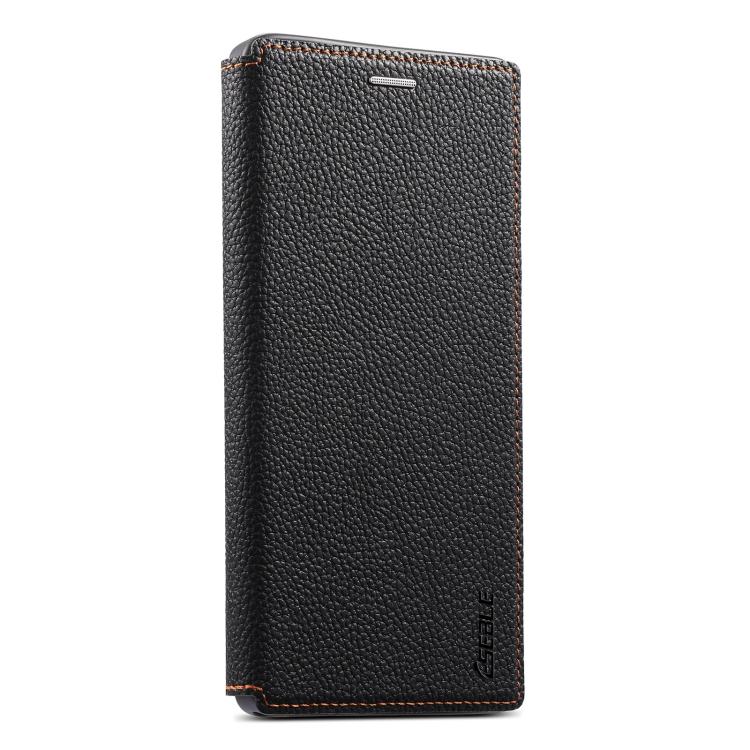 Ultra-thin card slot magnetic phone case, black folio style with embossed branding on back