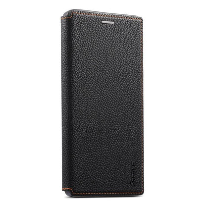 Ultra-thin card slot magnetic phone case, black folio style with embossed branding on back