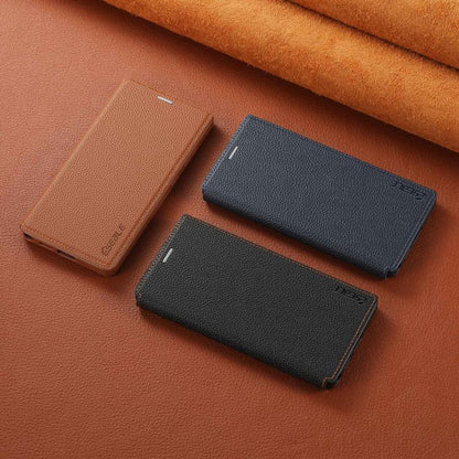 Ultra-thin card slot magnetic phone cases shown in brown, blue, and black colors
