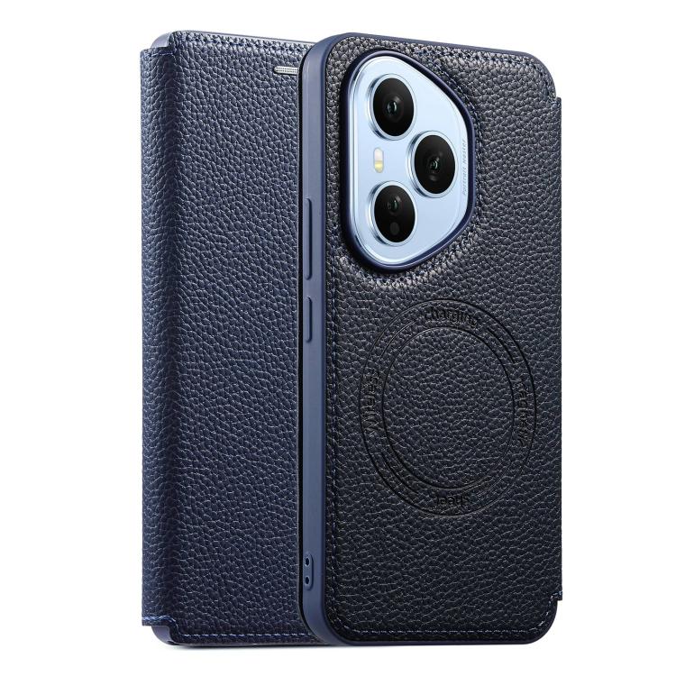 Ultra-thin card slot magnetic phone case in blue with circular magnetic emblem and camera cutout
