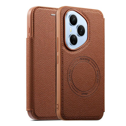 Ultra-thin card slot magnetic phone case in brown with circular magnetic emblem and camera cutout