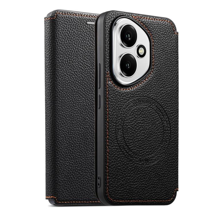 Ultra-thin card slot magnetic phone case in black with camera window and circular magnetic seal