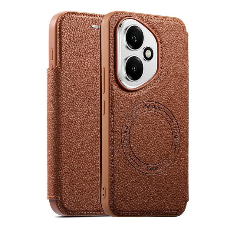 Brown vegan leather phone case with magnetic card holder ring and camera cutout