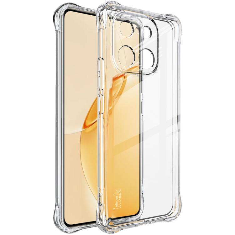 Clear airbag TPU phone case with camera cutouts; tan and orange phone screen visible through it