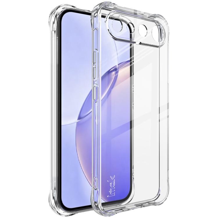 Clear airbag TPU phone case with camera cutouts; purple phone screen visible through it