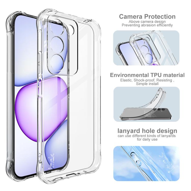 Clear TPU phone case with camera cover cutouts and lanyard hole design