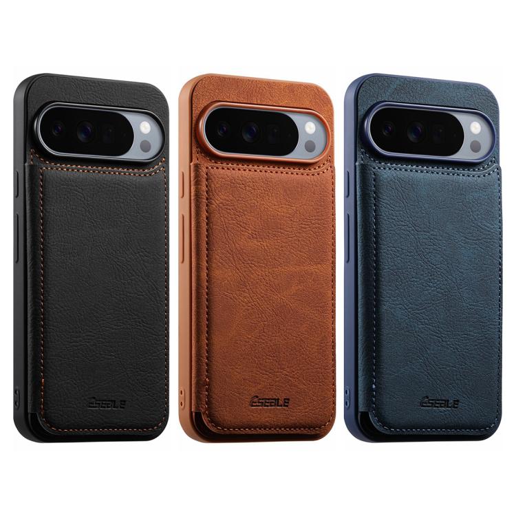 Set of retro card slot phone cases in black, brown, and blue with camera cutouts