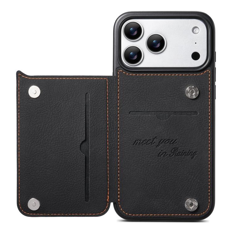 Black retro card slot wallet phone case with magnetic snap and camera cutout