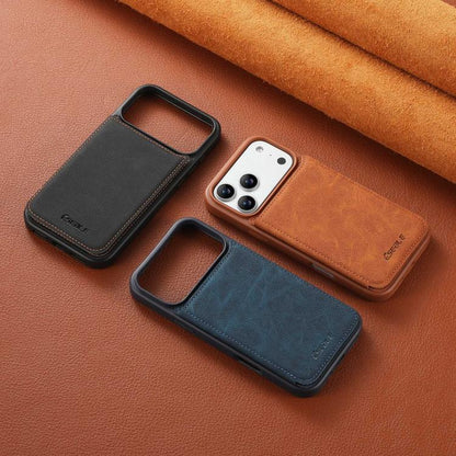 Retro leather-style phone cases with card slot, shown in black, tan, and blue