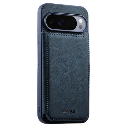 Blue retro textured phone case with card slot design, stitched trim, camera cutout