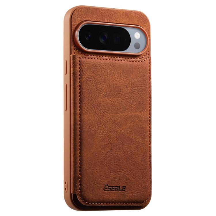 Brown retro textured phone case with card slot design, stitched trim, camera cutout