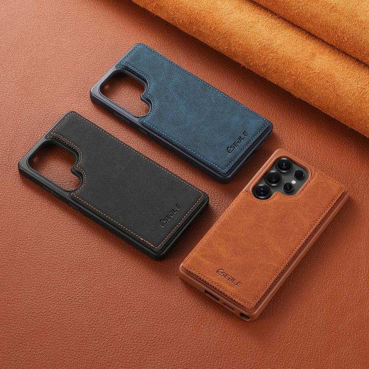 ESEBLE retro double-buckle card slot phone cases in blue, black, and brown