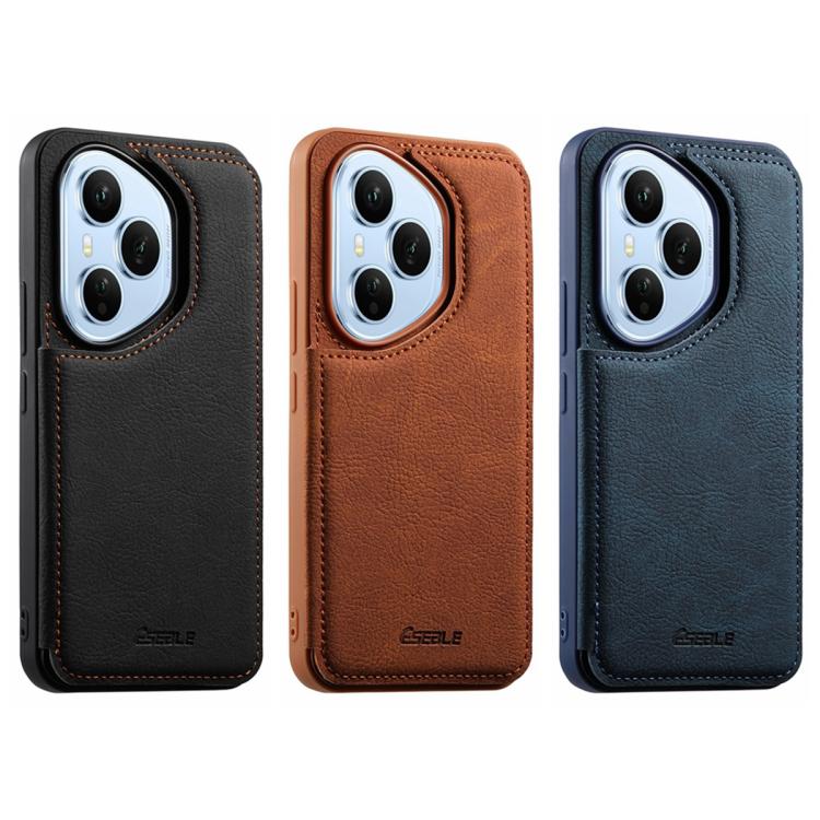 Leather card slot phone case set, black blue and brown colors, stitched trim, camera cutouts