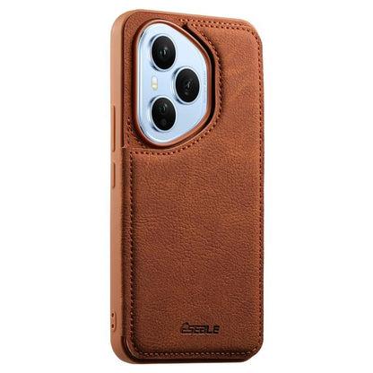 Leather card slot phone case with double buckle, tan brown, stitched edge, camera cutout