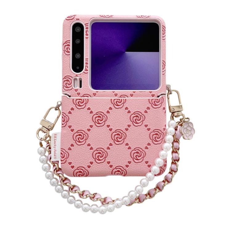 Pink embossed rose phone case with side buckle and pearl beaded bracelet strap